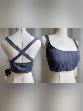 Blue Ribbed Scoop Bikini Top Cross Back Swim Bralette Crop M New